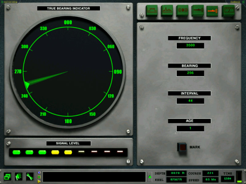 SONAR STATIONS [F2] ACTIVE INTERCEPT konsola do wykrywania transmisji obcych sonarów aktywnych (okręty, aktywnie naprowadzane torpedy, opuszczane sonary śmigłowców, boje hydroakustyczne pracujące