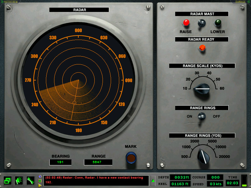 RADAR [F3] Kontakt RADAR korzystanie z radaru wymaga spełnienia 2 warunków: - zanurzenie okrętu 54 ft lub mniej ( podtopienie anteny w czasie pracy spowoduje jej awarię) - prędkość okrętu nie więcej