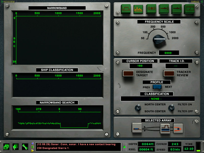 SONAR STATIONS [F2] 4 1 5 2 3 6 NARROWBAND wyświetla obraz ze stacji dziobowej, kadłubowej lub holowanej. SłuŜy do identyfikacji wykrytych kontaktów 1.