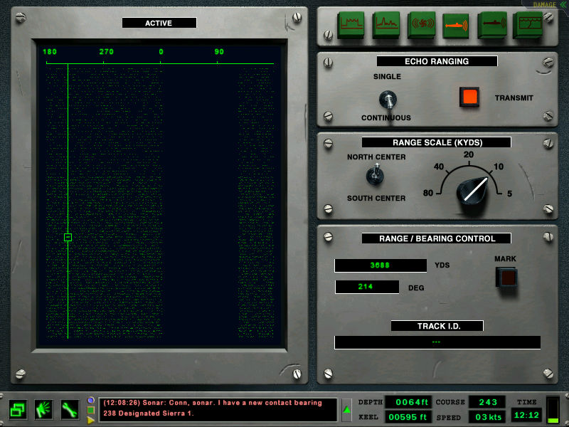 SONAR STATIONS [F2] 1 2 3 ACTIVE SONAR konsola współpracuje jedynie z anteną dziobową martwa strefa sonaru leŝy więc zawsze w sektorze rufowym.