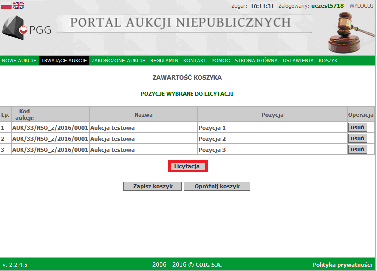 Kolejnym krokiem jest podanie ustalonego podczas pierwszego logowania hasła do licytacji, a następnie wybranie przycisku