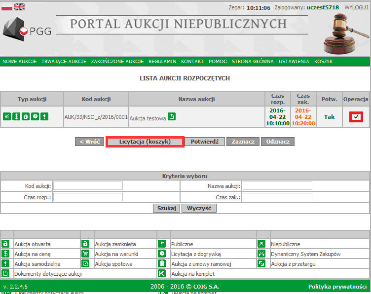 LICYTACJA: Jeżeli nastanie czas rozpoczęcia aukcji - zgodnie z zegarem który widnieje w prawym górnym rogu - następuje automatyczne przeniesienie aukcji do zakładki Trwające aukcje.