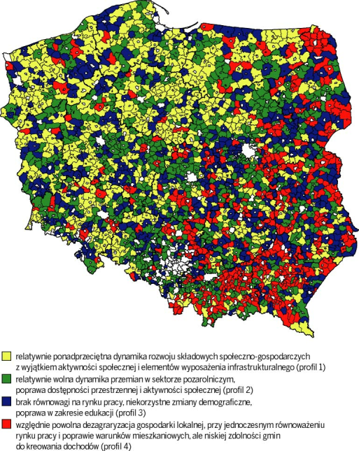 Rysunek 9. Rozkład przestrzenny gmin według profilu dynamiki rozwoju społeczno- -gospodarczego Źródło: opracowanie własne MROW 2014 i MROW 2016.