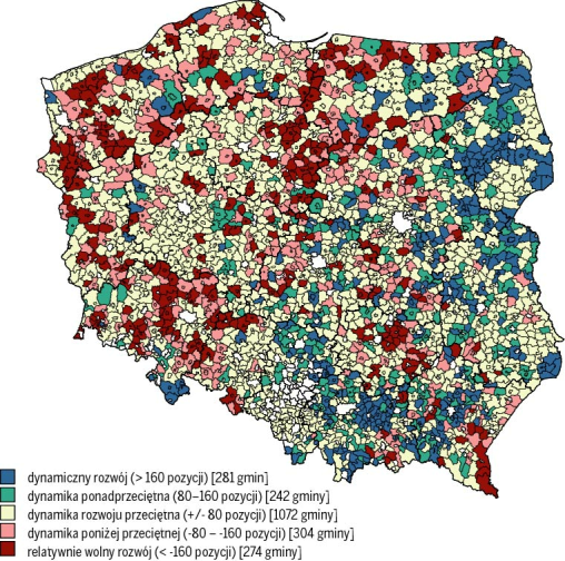 W województwach o najkorzystniejszej charakterystyce tej składowej (wielkopolskim, opolskim i śląskim) odnotowano przeciętną dynamikę zmian. Interesujący jest przypadek woj.