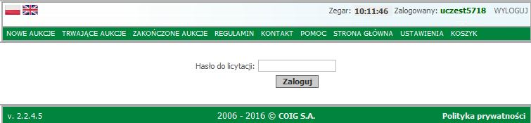 Kolejnym krokiem jest podanie ustalonego podczas pierwszego logowania hasła do licytacji, a następnie wybranie przycisku Załoguj.