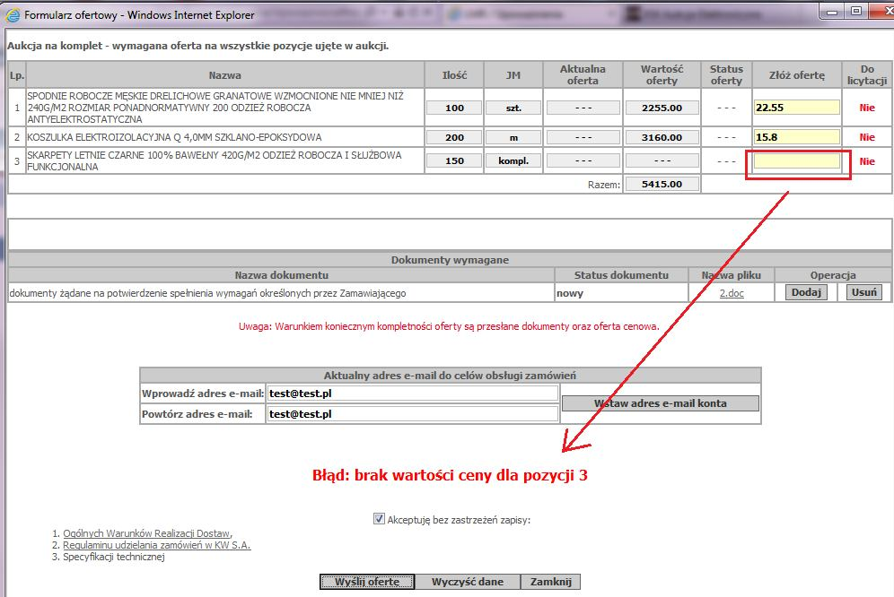 W przypadku próby wysłania oferty bez podania ceny na wszystkich