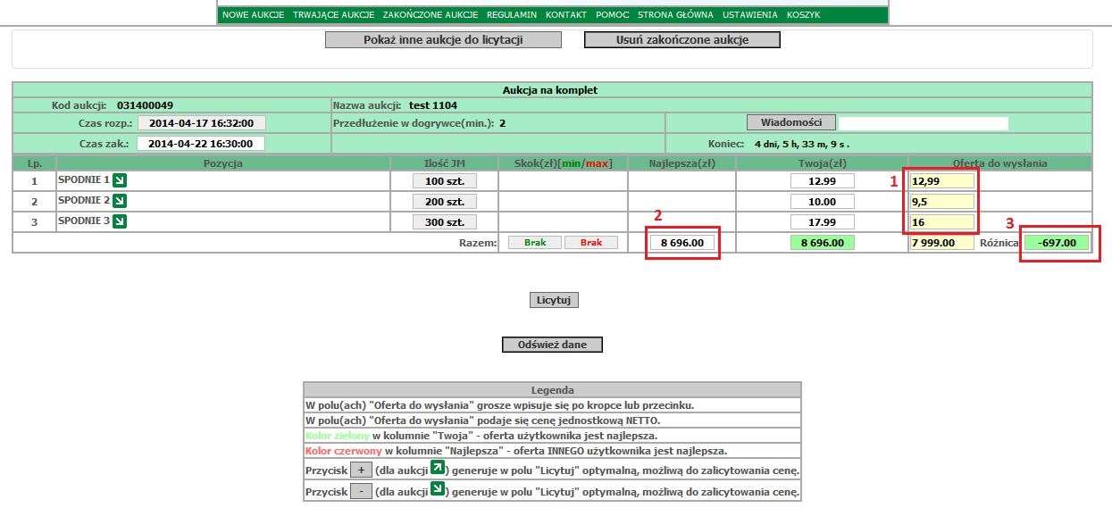 Przykład dokonania postąpienia i wysłania oferty: Objaśnienie: Oferta na pozycji 1 jest równa poprzedniej cenie na tej pozycji.