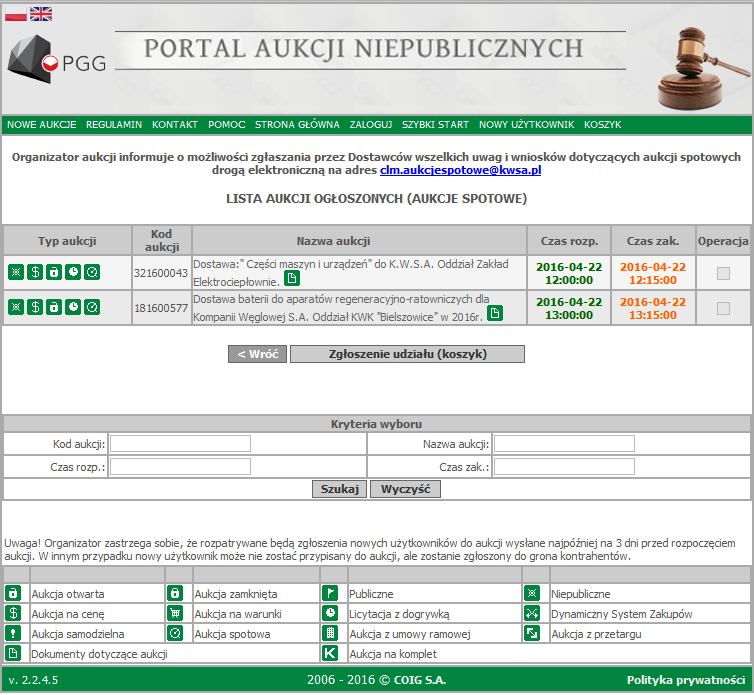 UWAGA: Jeśli Państwa firma nie posiada loginu do portalu aukcyjnego, a chce brać udział w aukcjach spotowych, należy wejść na stronę LDO Portal Dostawcy PGG Sp. z o.o. https://dostawca-pgg.coig.