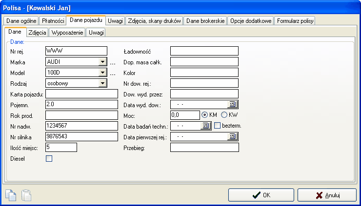 Korzystanie z funkcji programu AGENT.m6 40 które elementy wyposażenia zawiera pojazd dokonuje sie przez podwójne kliknięcie (lub klawisz spacja) w kolumnie oznaczonej "x".