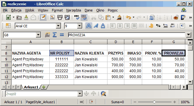 Korzystanie z funkcji programu AGENT.m6 78 Rys. 3 Przykładowe zestawienie prowizyjne otrzymane z TU w formacie Excel Wczytanie danych z pliku Excel do AGENTA.