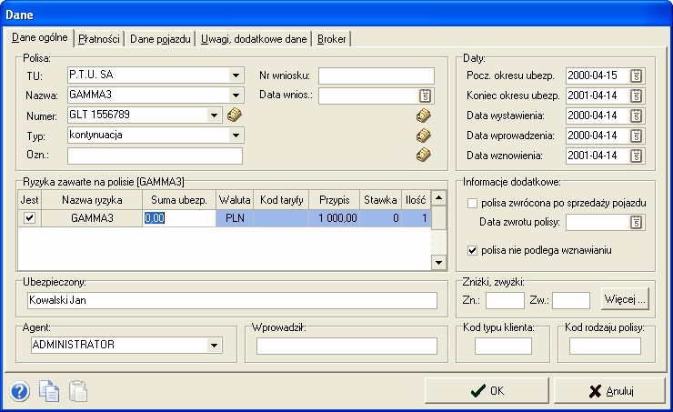 95 AGENT.m6 plik pomocy Rys. 4 Okno dodawania/edycji polisy 6.2 Instalacja programów w wersji START i PRO do pracy w Internecie W programie AGENT.