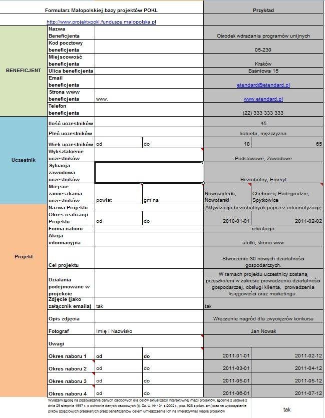 10.FORMATKA DLA BENEFICJENTÓW Jednym ze sposobów dodawania i aktualizacji informacji zawartych w bazie mapy projektów jest formatka w pliku MS Excel zawierająca wszystkie niezbędne informacje.