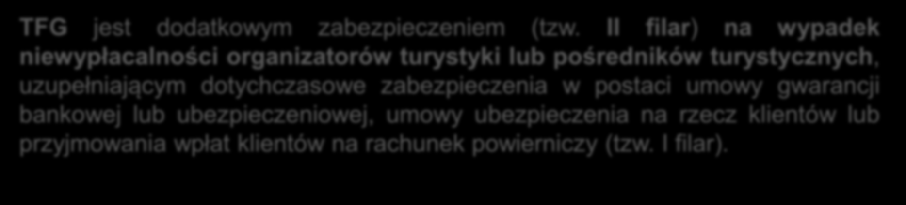 II filar) na wypadek niewypłacalności organizatorów turystyki lub pośredników turystycznych, uzupełniającym dotychczasowe zabezpieczenia w postaci umowy gwarancji bankowej lub ubezpieczeniowej, umowy