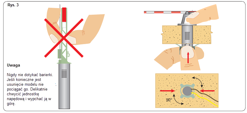 średnica 13 mm dla napędów barierowych i 4 mm (H0) wzgl. 1 mm (TT, N) dla podpórek barierek. 3. Włóż barierki napędem od góry przez większe otwory (rys. 3).