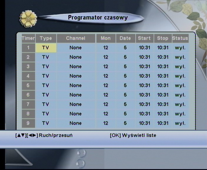 Menu programator czasowy Timer Timer umożliwia zaprogramowanie odbiornika satelitarnego w taki sposób by włączył / wyłączył się o określonym czasie i na określony czas.