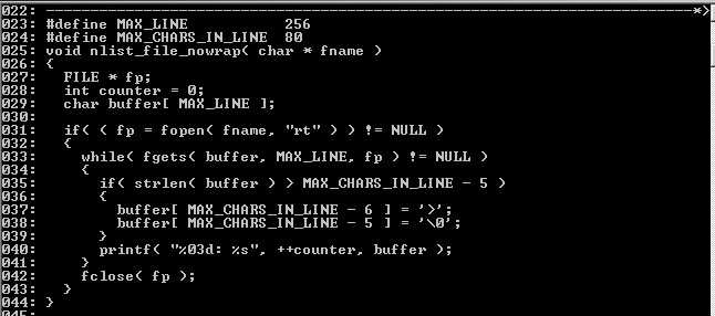 Przetwarzanie plików buffer[ MAX_CHARS_IN_LINE - 6 ] = '>'; buffer[ MAX_CHARS_IN_LINE - 5 ] = '\0'; printf( "%03d: %s", ++counter, buffer ); Numerowanie linii opiera się na zmiennej counter, dla