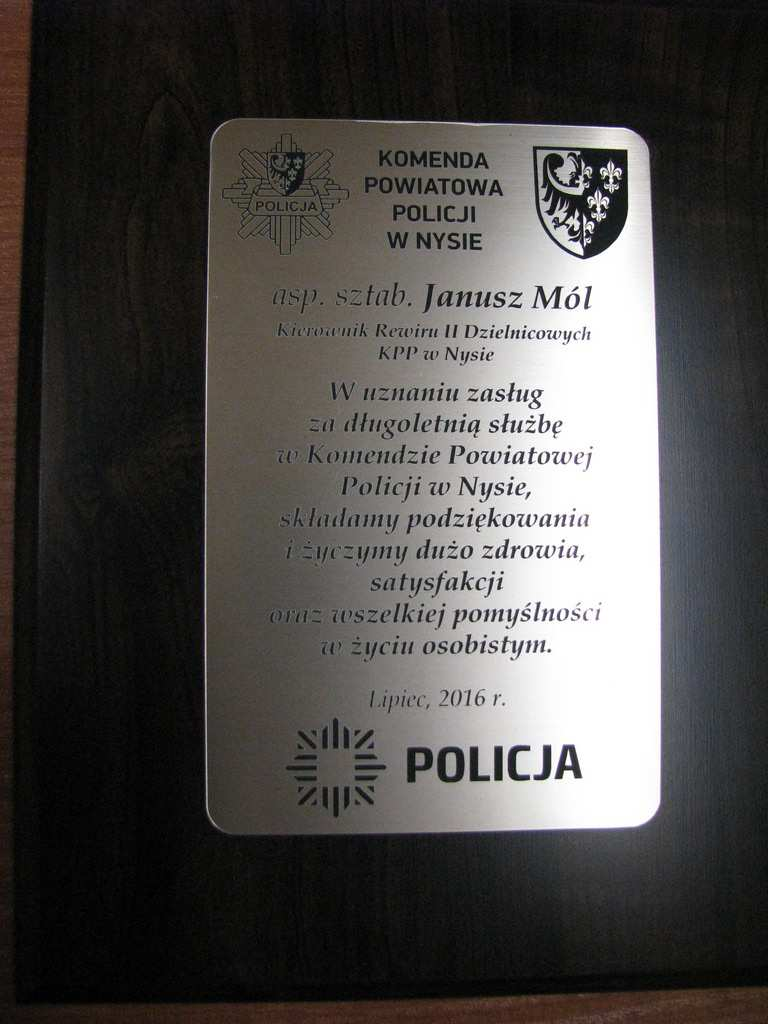 Zasłużona emerytura Zastępca Komendanta Powiatowego Policji w Nysie mł. insp.