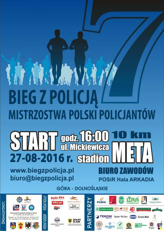 Siódma edycja Biegu z Policją Informujemy, że Komenda Powiatowa Policji w Górze organizuje siódmą edycję Biegu z Policją. Impreza odbędzie się 27 sierpnia 2016 r. o godz.