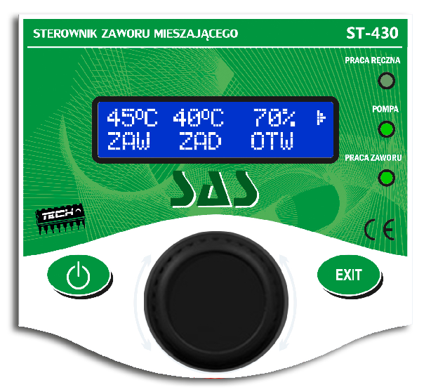 tech I. Zastosowanie Termoregulator typu ST-430 przeznaczony jest do obsługi zaworu mieszającego trój lub czterodrogowego z możliwością podłączenia dodatkowej pompy zaworu.