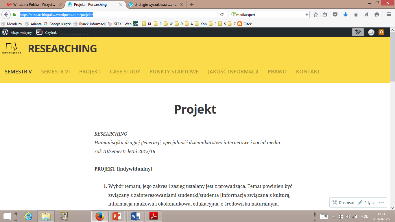 Projekt zaliczeniowy krok 6. Prezentacja produktu pochodnego (serwis internetowy https://wordpress.