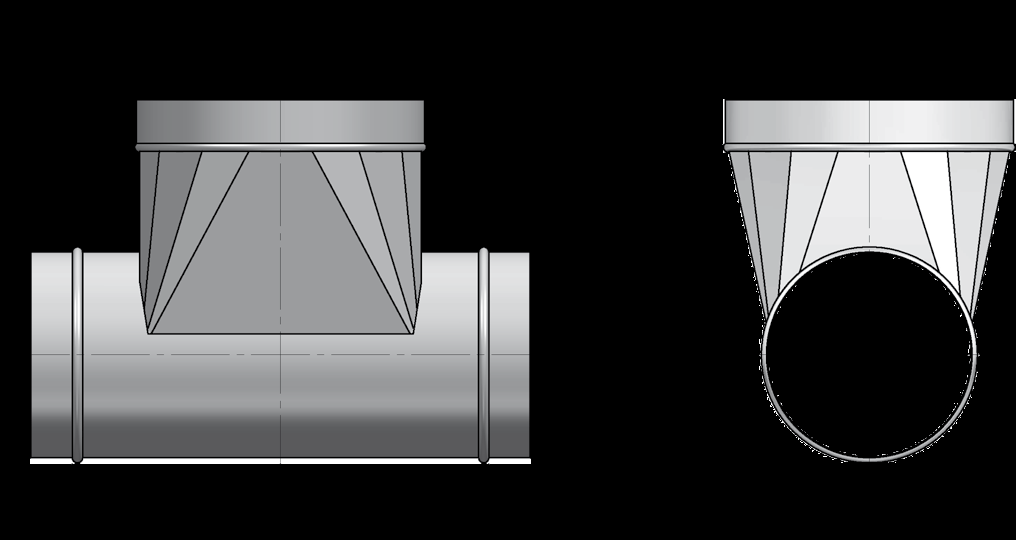 1. Kanały i kształtki okrągłe TSS 1.20 Trójniki symetryczne z odgałęzieniem stożkowym Trójnik standardowo wykonany ze stali ocynkowanej.