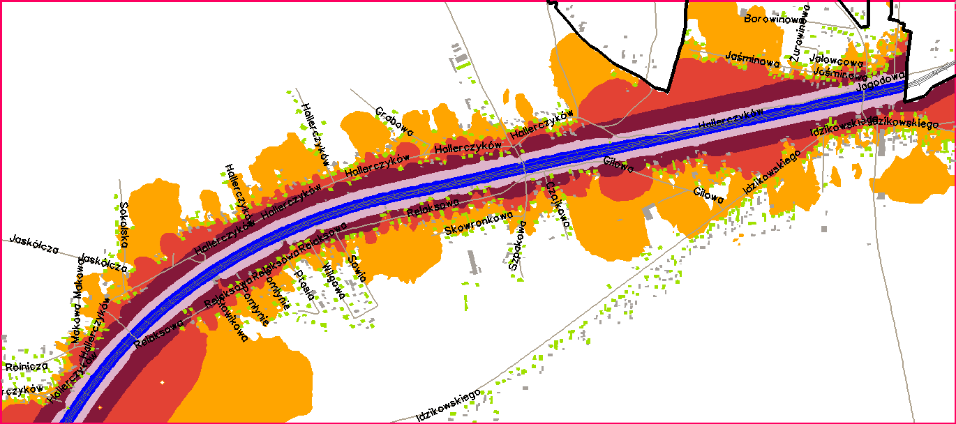 Mapa rozkładu hałasu kolejowego dla wskaźnika L DWN Obszar K1: rejon ul. Hallerczyków ul. Relaksowa ul.