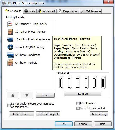 USTAWIENIA Skróty Pokazane niżej menu skrótów można wykorzystać do szybkiego i łatwego wybrania wymaganych ustawień druku.