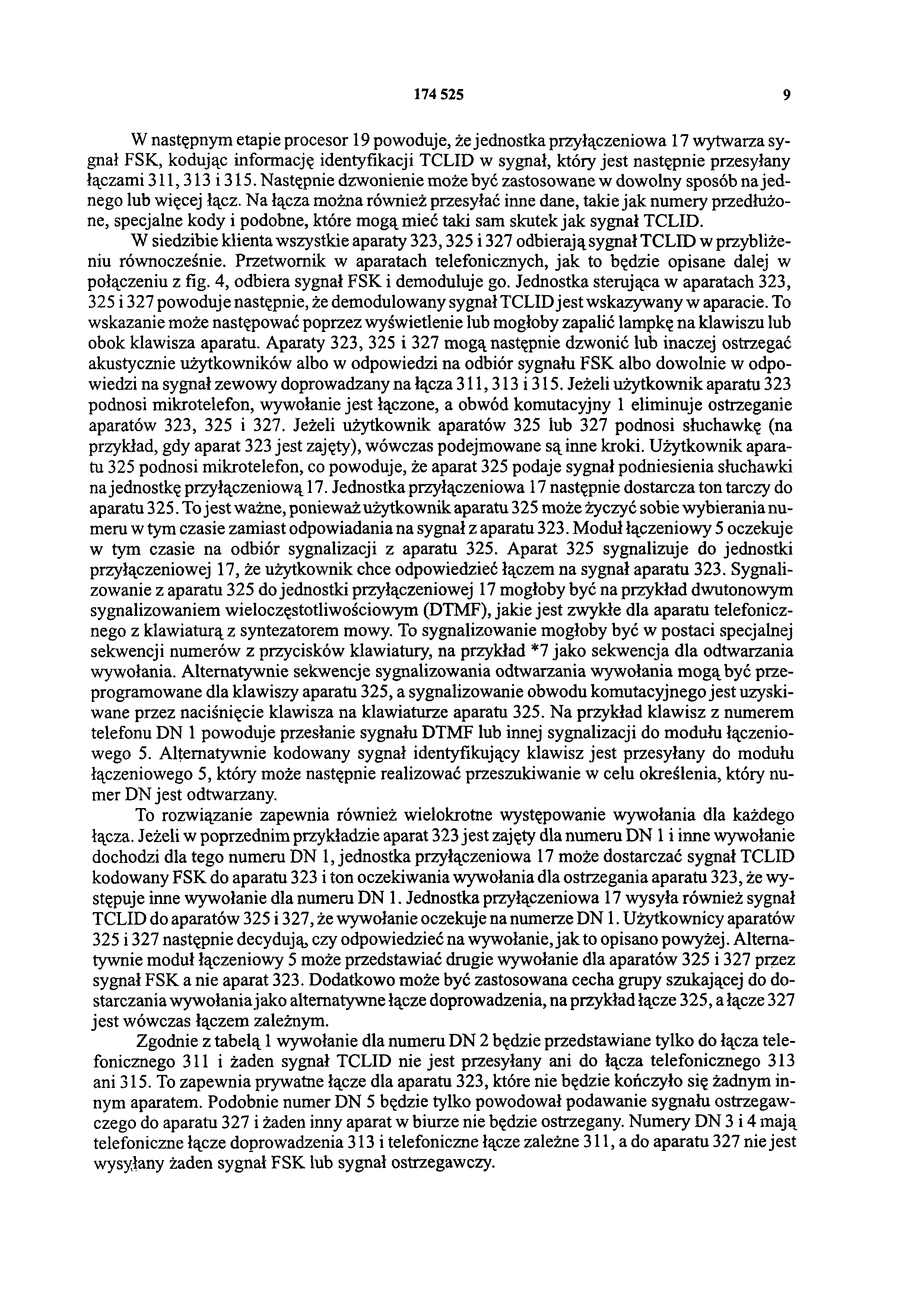 174 525 9 W następnym etapie procesor 19 powoduje, że jednostka przyłączeniowa 17 wytwarza sygnał FSK, kodując informację identyfikacji TCLID w sygnał, który jest następnie przesyłany łączami 311,