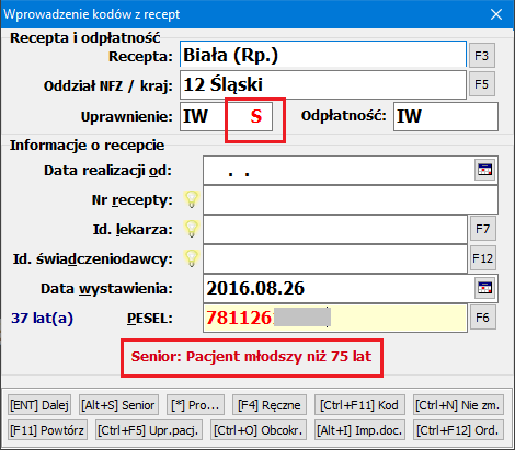 Pakiet zmian w systemie KS- W przypadku wyboru uprawnienia S Senior dla pacjenta, który nie ukończył 75 roku życia system w oknie Wprowadzenie