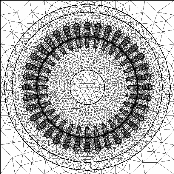 a) b) Rys. 2. Siatka dyskretyzacyjna (a) oraz jej powiększenie w okolicach szczeliny powietrznej (b) Fig. 2. Discretization mesh (a) and its zoom in the near of an air gap (b) Tabela 1.
