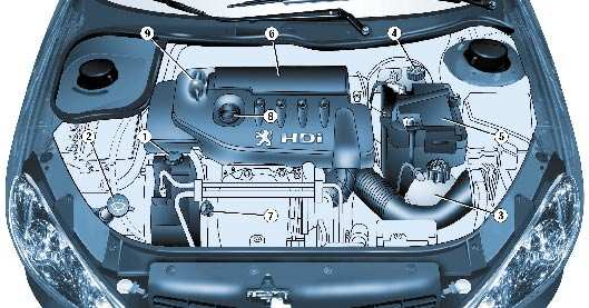 132 INFORMACJE PRAKTYCZNE SILNIK DIESEL TURBO 1,4 LITRA HDI (70 KM) 1. Zbiornik płynu układu wspomagania kierownicy. 2. Zbiornik płynu spryskiwaczy szyb i relektorów*. 3.