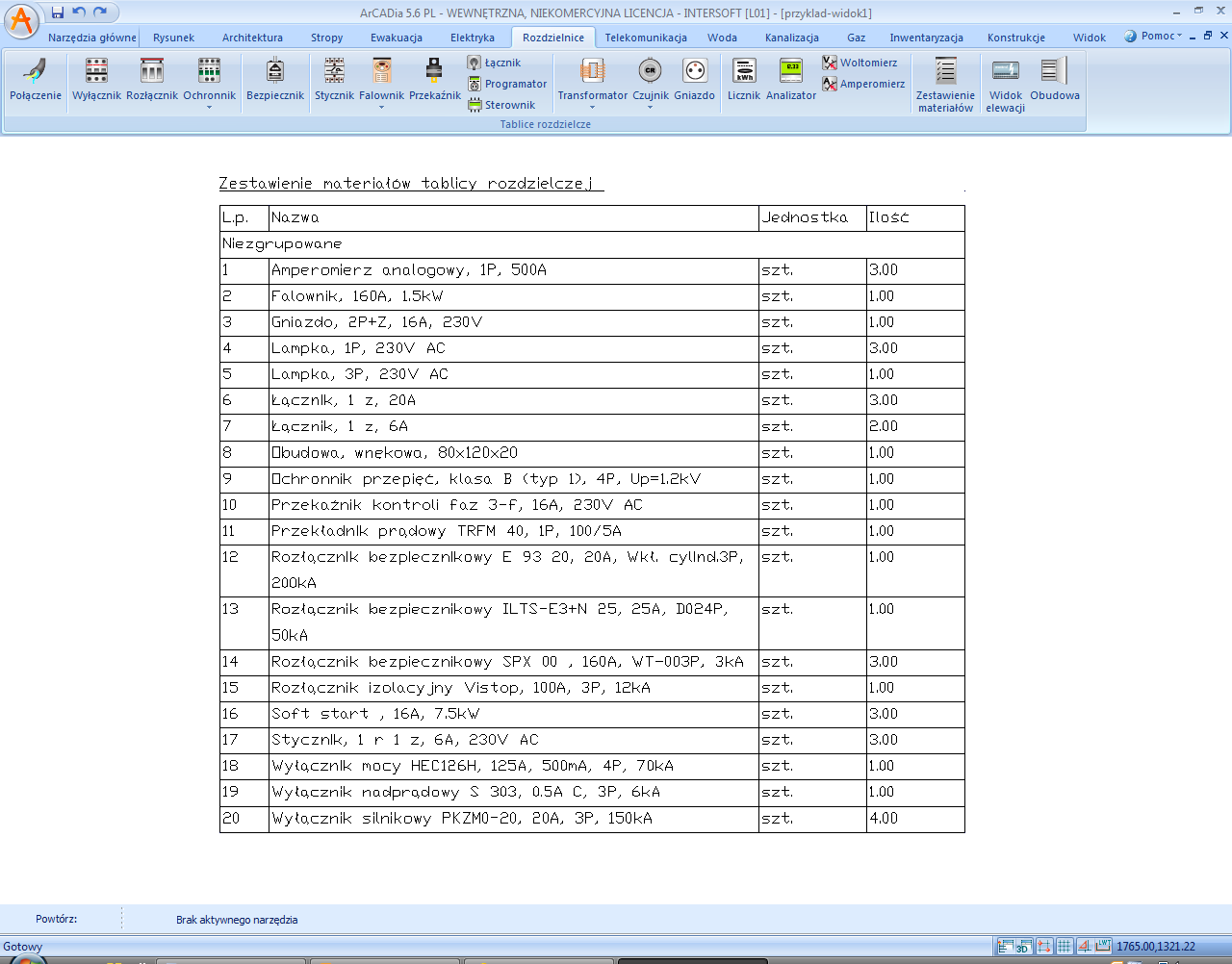 Po zaprojektowaniu schematu elektrycznego rozdzielnicy, zdefiniowaniu parametrów poszczególnych obwodów możemy za pomocą funkcji Zestawienie materiałów wygenerować w postaci tabeli zestawienie