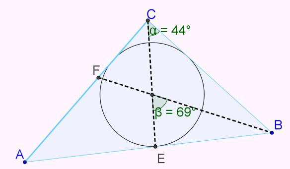 str. 10 Temat: Okrąg wpisany w trójkąt - rozwiązywanie zadań Praca z apletem figury19: Aplet pomoże ci w rozwiązywaniu zadań polegających na obliczaniu miar kątów w trójkącie opisanym na okręgu.