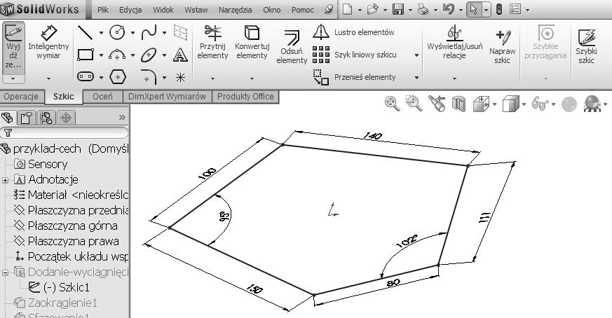 MODELOWANIE CZĘŚCI - MODELOWANIE BRYŁOWE Rysunek 1.1.8 Okno programu - menu szkicowania Podczas modelowania 3D pojawia się konieczność zmiany punktu obserwacji modelu.