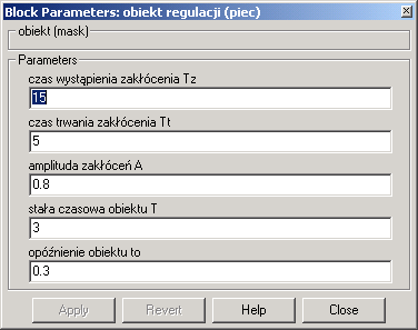 czasu, po którym występuje zakłócenie (domyślnie 15), czasu trwania zakłócenia (domyślnie 5) oraz amplitudy zakłócenia (domyślnie 0.8 - przy wartości zadanej 1). 2.