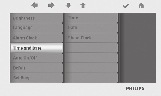 4.6 Ustawianie czasu i daty Ustawianie czasu Za pomocą przycisków, wybierz menu SETTINGS (Ustawienia). Naciśnij przycisk. Za pomocą przycisków, zaznacz opcję Time and Date (Czas i data).