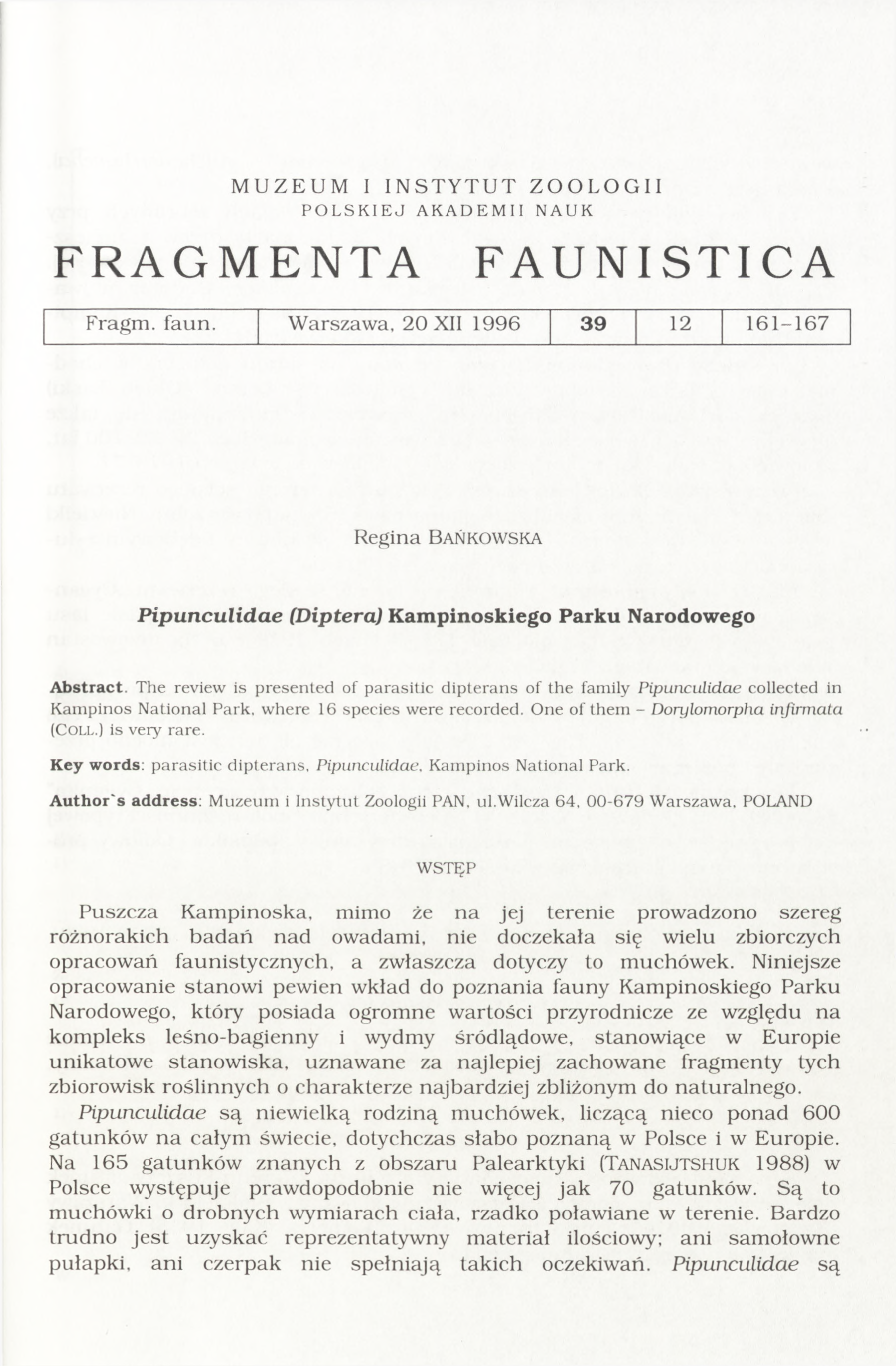 MUZEUM I INSTYTUT ZOOLOGII POLSKIEJ AKADEMII NAUK FRAGMENTA FAUNI STIC A Fragm. faun.