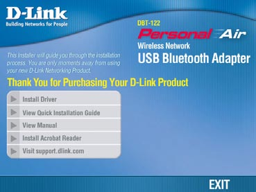 Instalacja oprogramowania Bluetooth dla Windows Włóż dysk ze sterownikami adaptera DBT-122 do napędu CD-ROM.