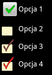 Kontrolki Zaznaczamy opcje <CheckBox android:layout_width="fill_parent" android:text="opcja 3" android:checked="true" android:button="@drawable/btn_check" /> // drawable/btn_check.xml <?