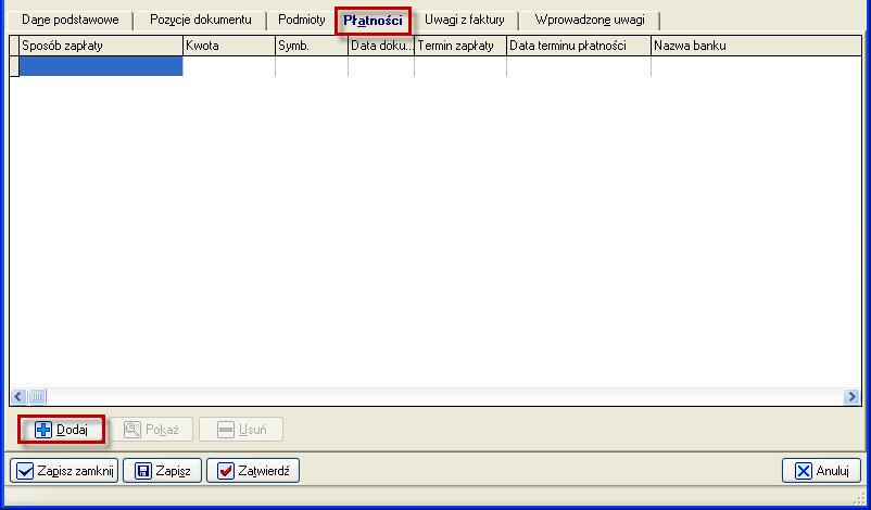 Ekran 9. Okno dodawania korekty do dokumentu zakupu zakładka Płatności W wyświetlonym oknie dodawania płatności (Błąd! Nie moŝna odnaleźć źródła odwołania.