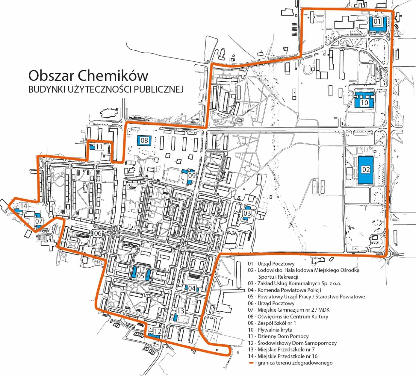 Kościół pw. św. Maksymiliana Marii Kolbe, Dzienny Dom Pomocy, Środowiskowy Dom Samopomocy, Miejski Ośrodek Pomocy Społecznej, Młodzieżowy Dom Kultury, Miejską Bibliotekę Publiczną (MBP).