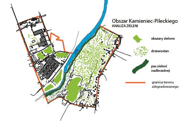 Dodatkowo poddano analizie dostępność terenów i stref zieleni miejskiej na Obszarze Kamieniec-Pileckiego z punktu widzenia ich dostępności dla mieszkańców.