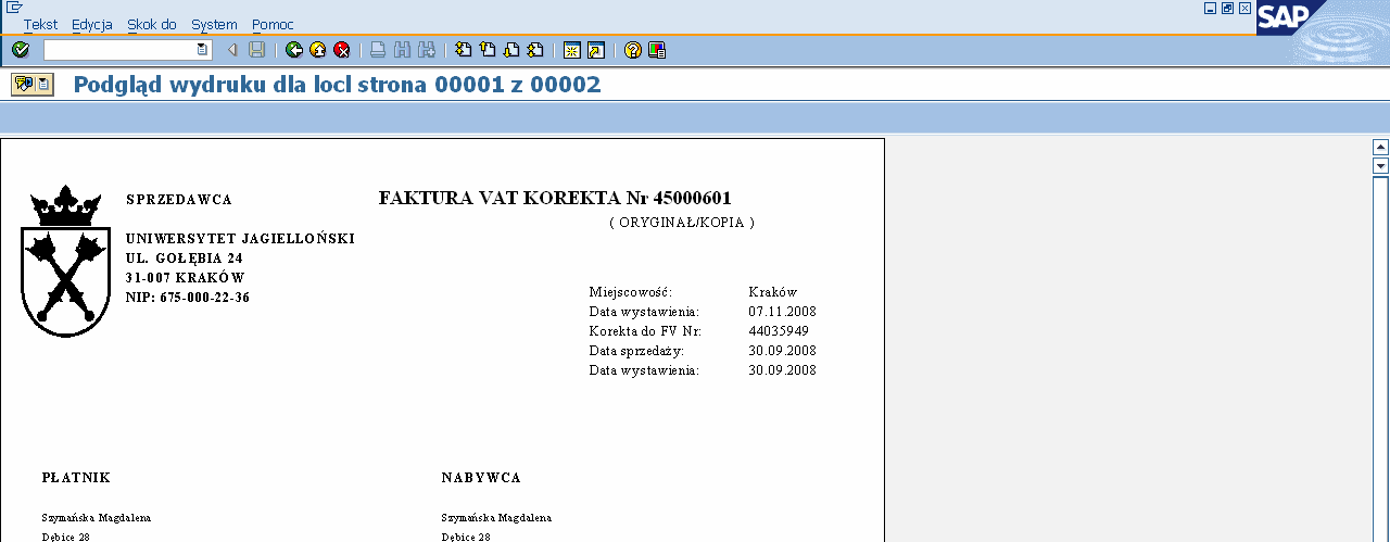 22. Kliknij aby zobaczyć podgląd wydruku faktury korekty. Podgląd wydruku dla locl strona 00001 z 00002 23. Transakcję zakończono.