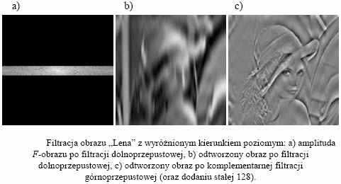 Filtracja obrazu Lena filtrem dolnoprzepustowym o wyraźnej preferencji jednego kierunku