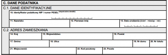 Dane identyfikacyjne składającego Osoba odpowiedzialna za złożenie informacji niebędąca osobą fizyczną w punkcie 7 powinna zaznaczyć 1 wariant oraz podać pełną nazwę i numer REGON (punkt 8).