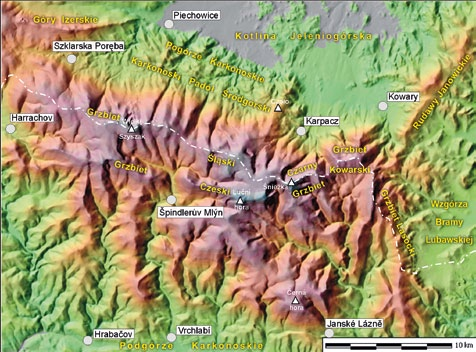 Karkonosze i ich podział geograficzny Zanim przystąpimy do omawiania geologicznej przeszłości i rzeźby Karkonoszy, powinniśmy zapoznać się z mniejszymi jednostkami geograficznymi wyróżnianymi w ich