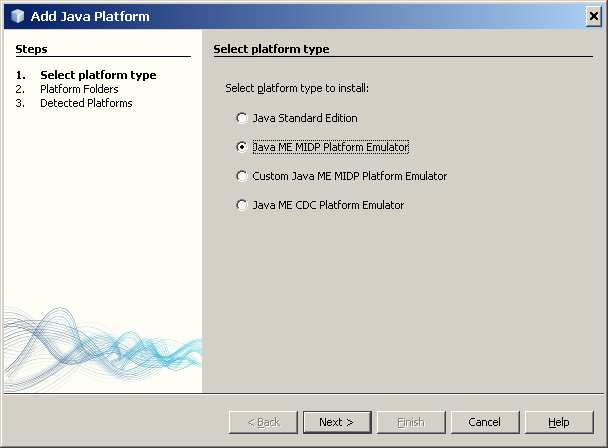 6. Kliknij przycisk Add Platform 7. Zaznacz opcję Java ME MIDP Platform Emulator i naciśnij przycisk Next>.