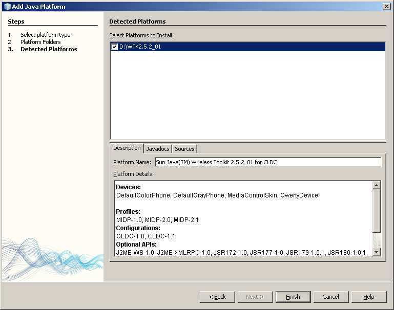 Platform powinien pojawić się wpis: J2ME Sun Java Wireless