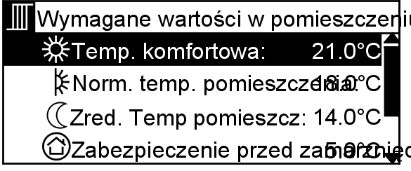 Regulacja temperatury pomieszczeń Nastawa stałej regulacji temperatury... (ciąg dalszy) O Q Temp. komfortowa: stan wysyłkowy: 20 C Norm. temp. pomieszczenia: stan wysyłkowy: 18 C 2 Zred. temp. pomieszcz.: stan wysyłkowy: 14 C N Zabezpieczenie przed zamarzaniem stan wysyłkowy: 5 C Temperatura komfortowa Normalna temperatura pomieszczenia, np.