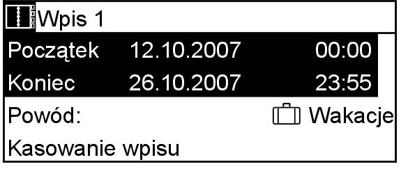 Nacisnąć następujące przyciski: 1. Wykonać kroki 1 do 4 opisane na stronie 29. 2. Á/Â w celu wybrania wymaganego wpisu. 3. ½ w celu potwierdzenia. 4. Á/Â dla punktu menu Kasowanie wpisu. 5.